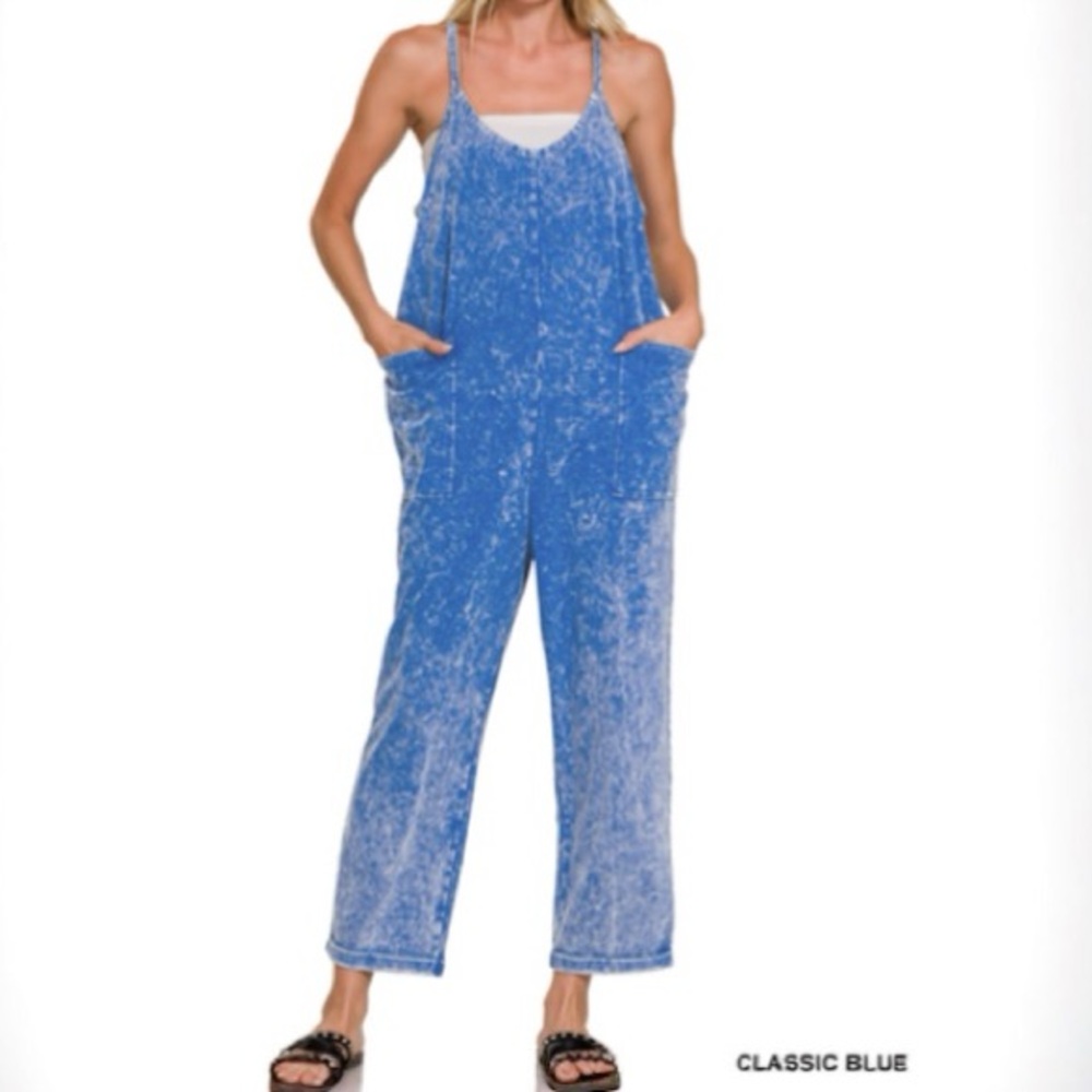 NWT ZENANA Classic Blue Acid Wash Jumpsuit S/M L/XL